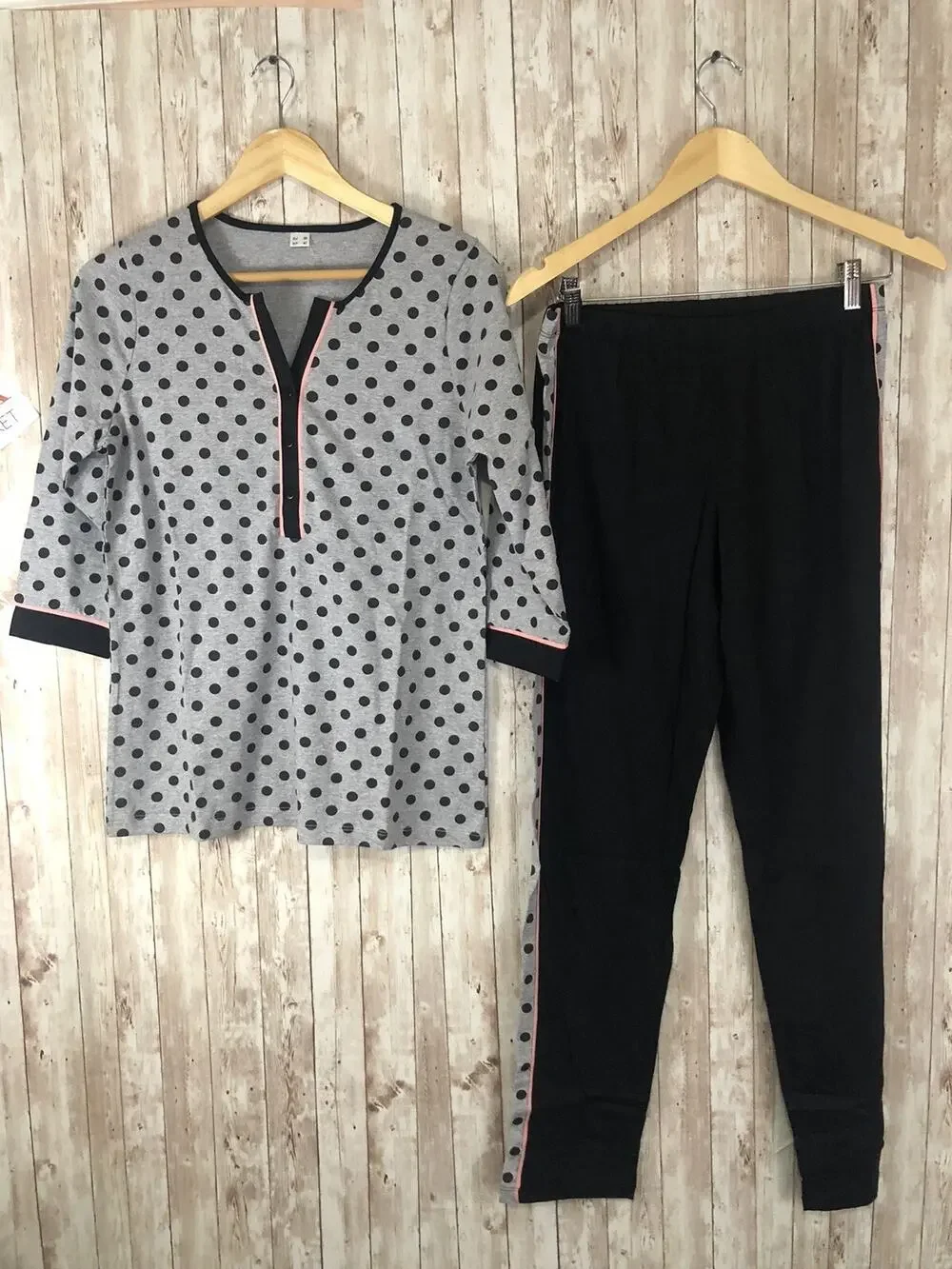Alex Pajama Set Womens Small Gray Black Lounge Set Cotton Polka Dot N105